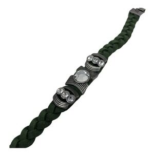 Lia Sophia Bracelet Silvertone‎ Crystal Green Leather Braided 7 inch